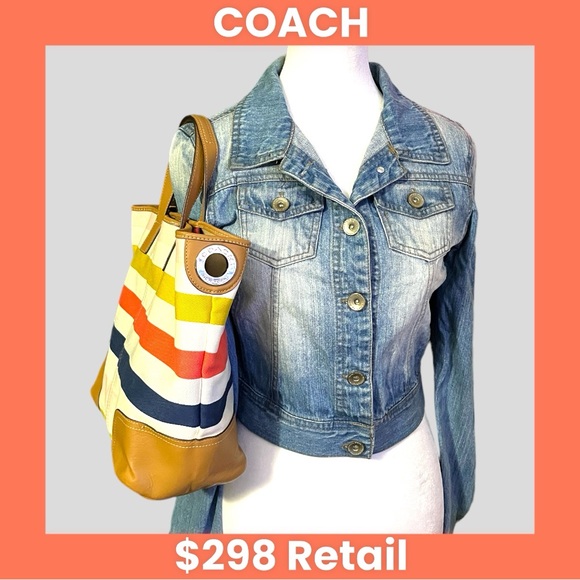 COACH F30041 Hadley Multistripe Canvas/Leather Medium Size Tote Bag EUC - Picture 2 of 12